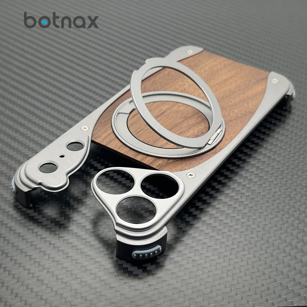 

botnax Metal Case for iphone 17 Pro Max Cover 17 Pro Frameless Aluminum Alloy Walnut Wood Shockproof Shell Built-in Bracket