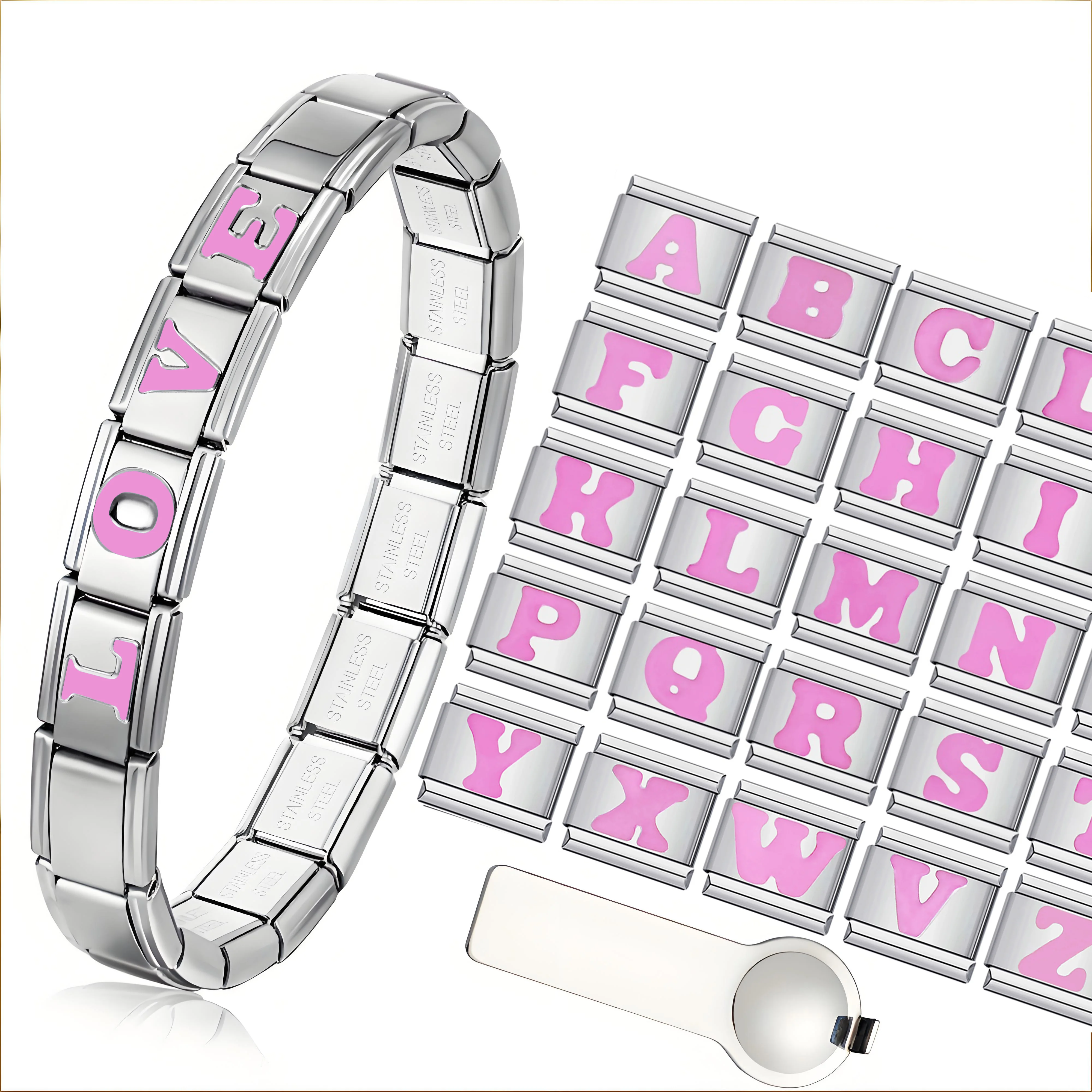 Abalorio de eslabones italianos A-Z con 26 letras en inglés, color rosa, compatible con pulsera de acero inoxidable de 9mm, fabricación de joyas DIY para mujeres y hombres, 2025