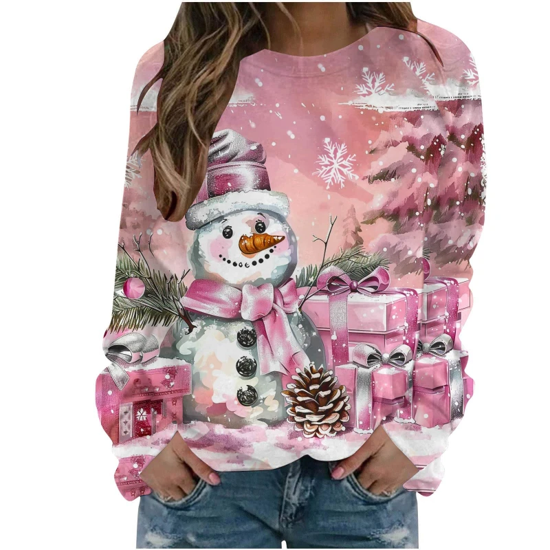 

Рождественский узор снеговика с 3D принтом, женские модные футболки, осенне-зимние милые рождественские женские футболки с длинными рукавами, пуловер больших размеров