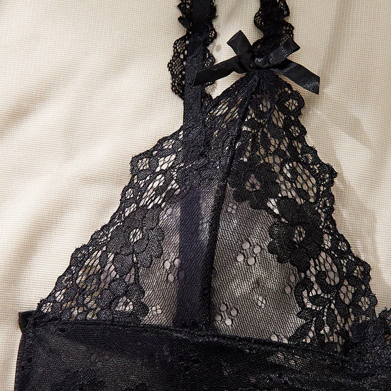 Sexy Lingerie Women\'s Deep V Backless Bodysuit Sex Transparent Lace Crotchless Underwear Babydolls Porno Dress Erotic Costumes