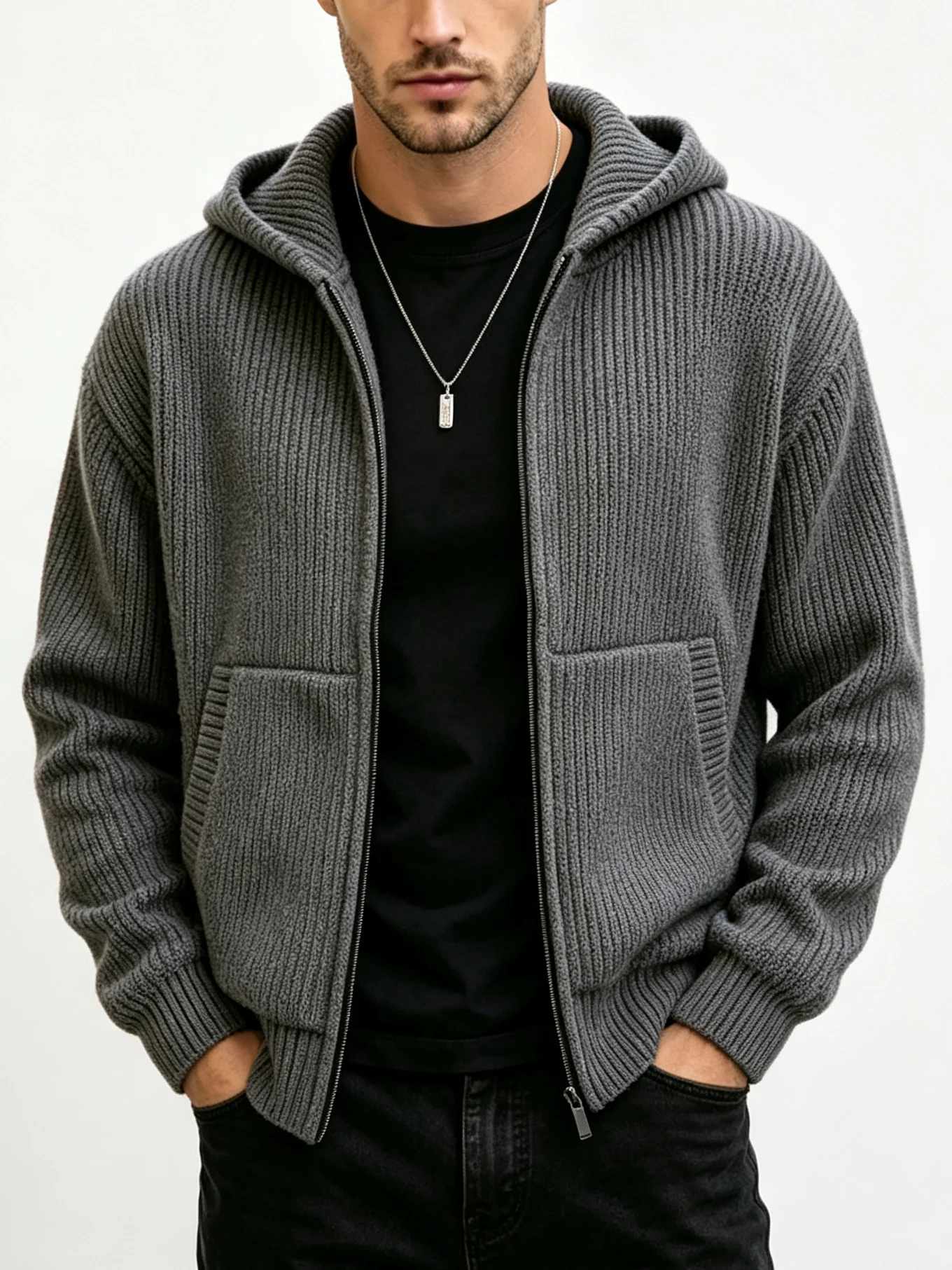 Men Full Zip Hooded Knit Cardigan Loose Ribbed Knitted Jacket With Pockets Long Sleeve Solid Color Streetwear Autumn Winter Men