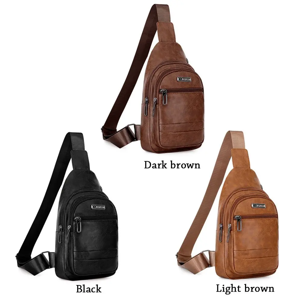 Fashion Men\'s Bags Leather Sling Zipper Pack Chest Shoulder Crossbody Bag