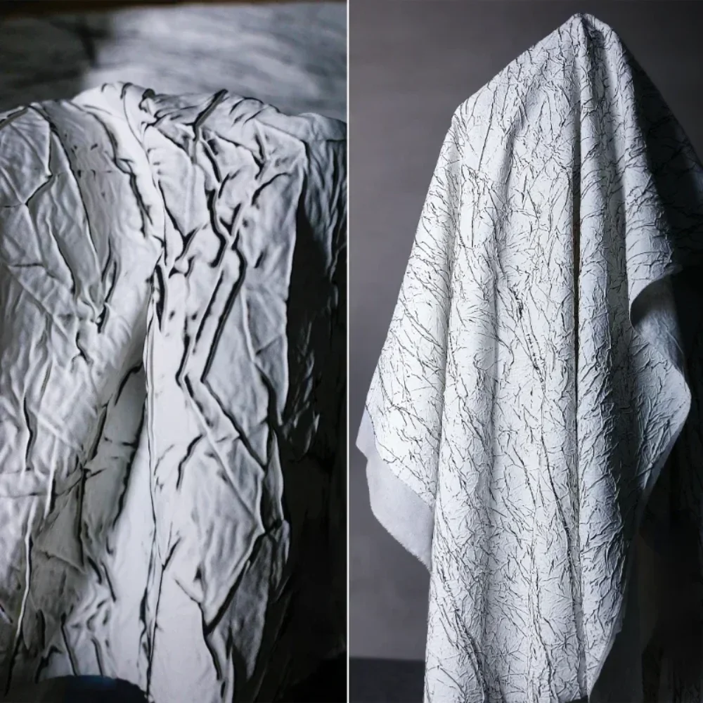 

Creative White Black Line Cracked Wrinkled Fabric Clothing Jacket Half Skirt Designer Wholesale Cloth for Diy Sewing Per Meter