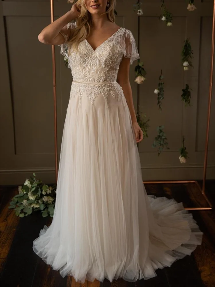 Wedding Dresses for Women Bride V-Neck Short Sleeve Floor-Length Sweep Train Tulle Appliques Beading Backless Party Prom Evening