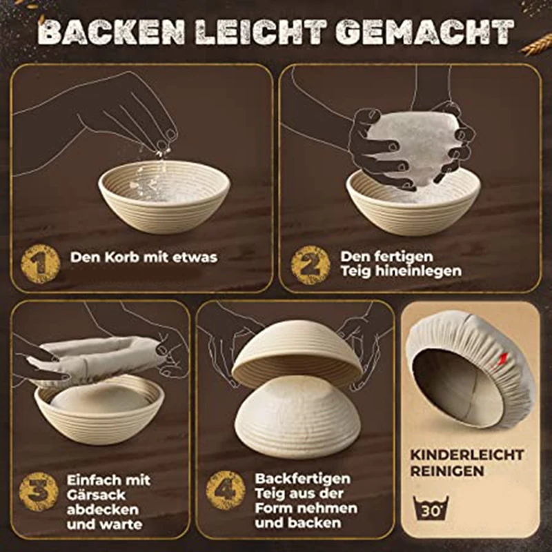 1Set Rattan Dough Dough Mold Set Cutter Round Basket European Bag Baking Basket Toast Basket