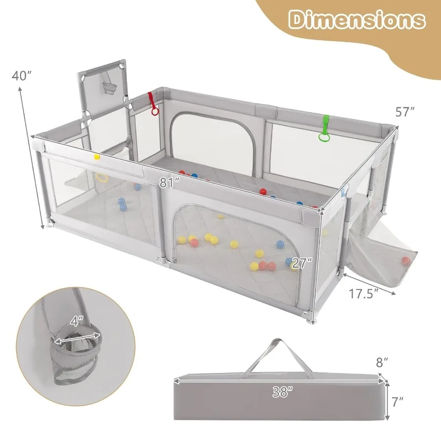 Large Baby Playpen with Mat 81'' x 57'' Playpen for Babies and Toddlers w/Basketball Hoop and Soccer Nets Pull Rings and Ocean