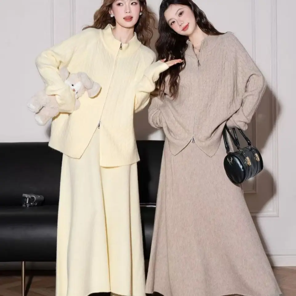 Spring and Autumn Korean Version Gentle Zipper Knitted Cardigan Half Skirt Two-piece Set Temperament Sweater Casual Loose Set