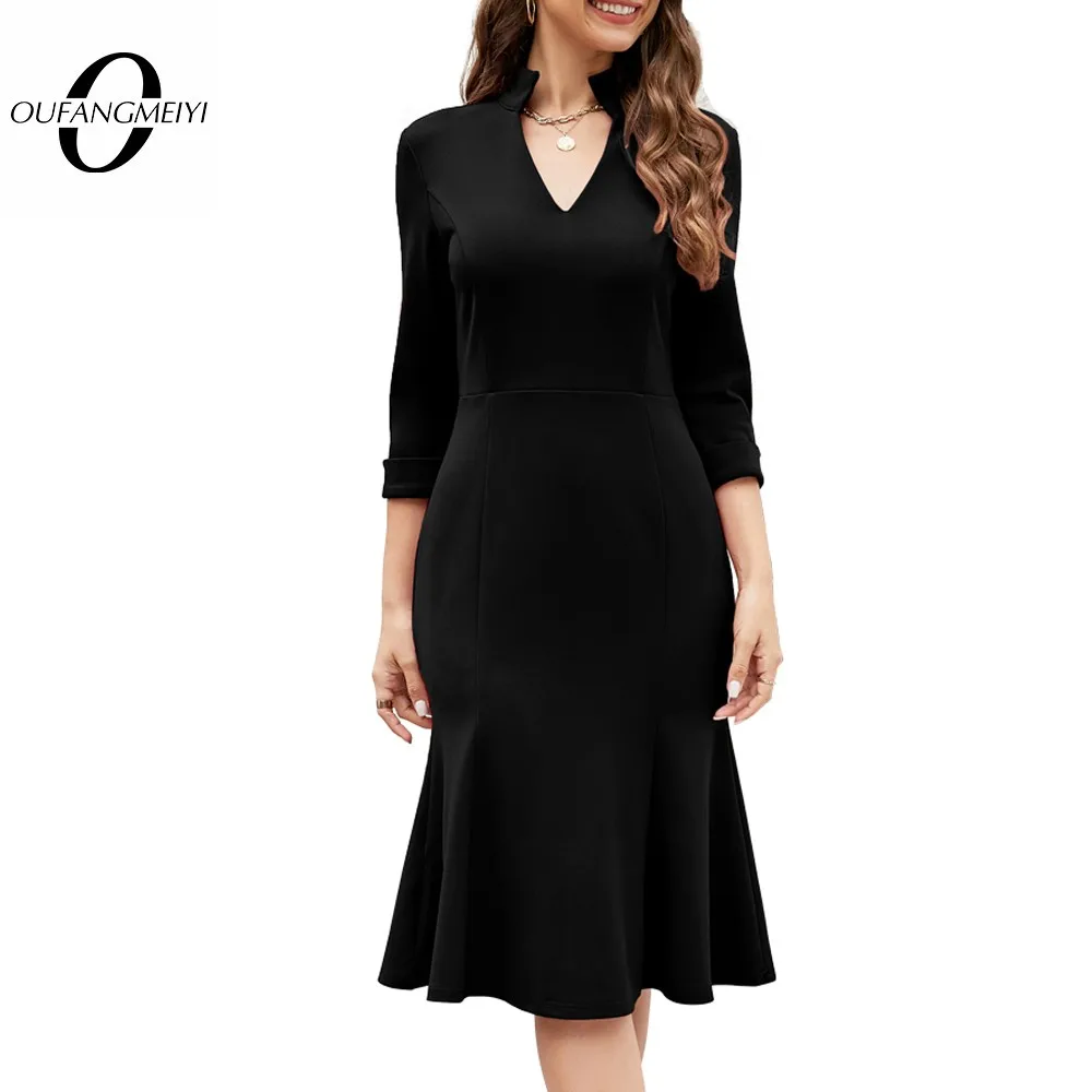 

Autumn Women Fashion Solid Color with V-neckline Dresses Formal Office Vintage Sheath Dress EB798