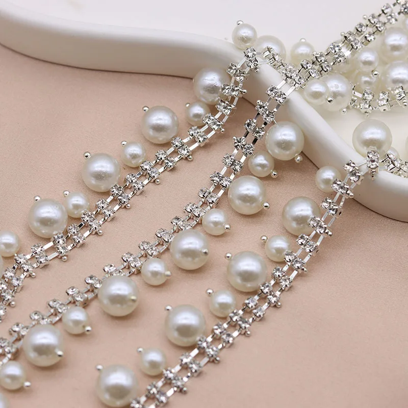 Double Rows Rhinestone Pearls Trim Charming Crystal Stone Pearl Gold Chain Elegant Rhinestone Gemstone Patch Dress Decoration