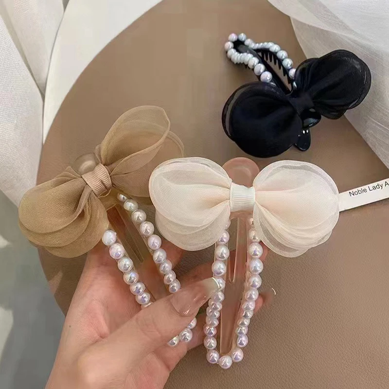 New French Elegant Large Bow Pearl Hair Clip Duckbill Clips Sweet Advanced Girly Temperament Hair Accessories Fashion Hair Grips