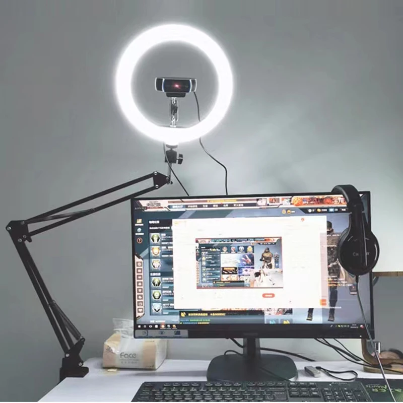 Video Conference Fill Light Kit Photographic Live Streaming Webcam Light with Tripod Arm for Broadcasting Zoom Meeting