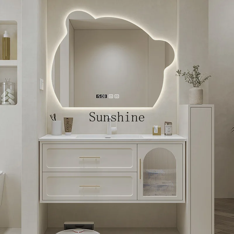 

High-end rock slab seamless integrated basin washstand, bathroom cabinet combination cream wind toilet