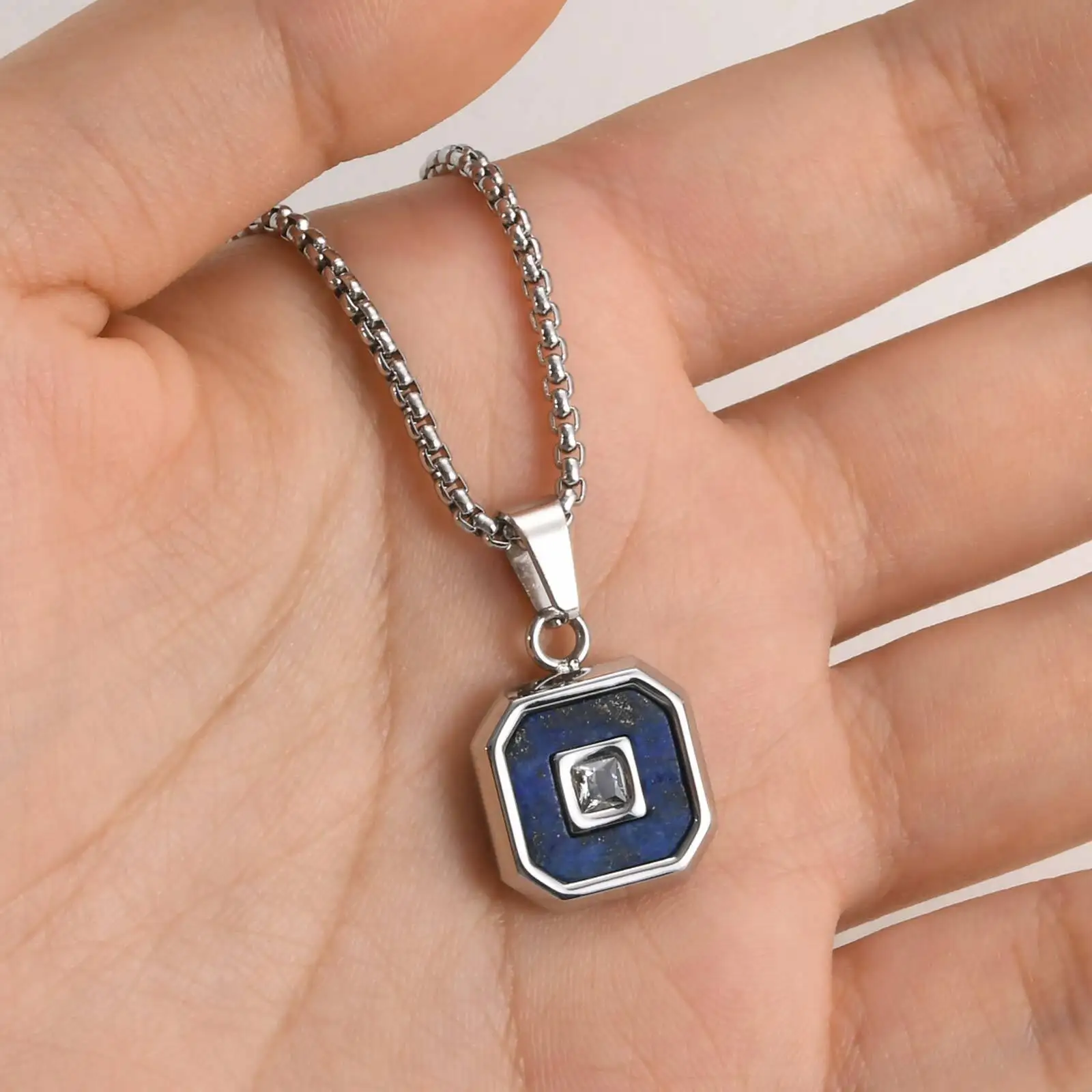 Square Natural Stone Pendant Necklace For Both Men And Women, Unisex Stainless Steel Necklace