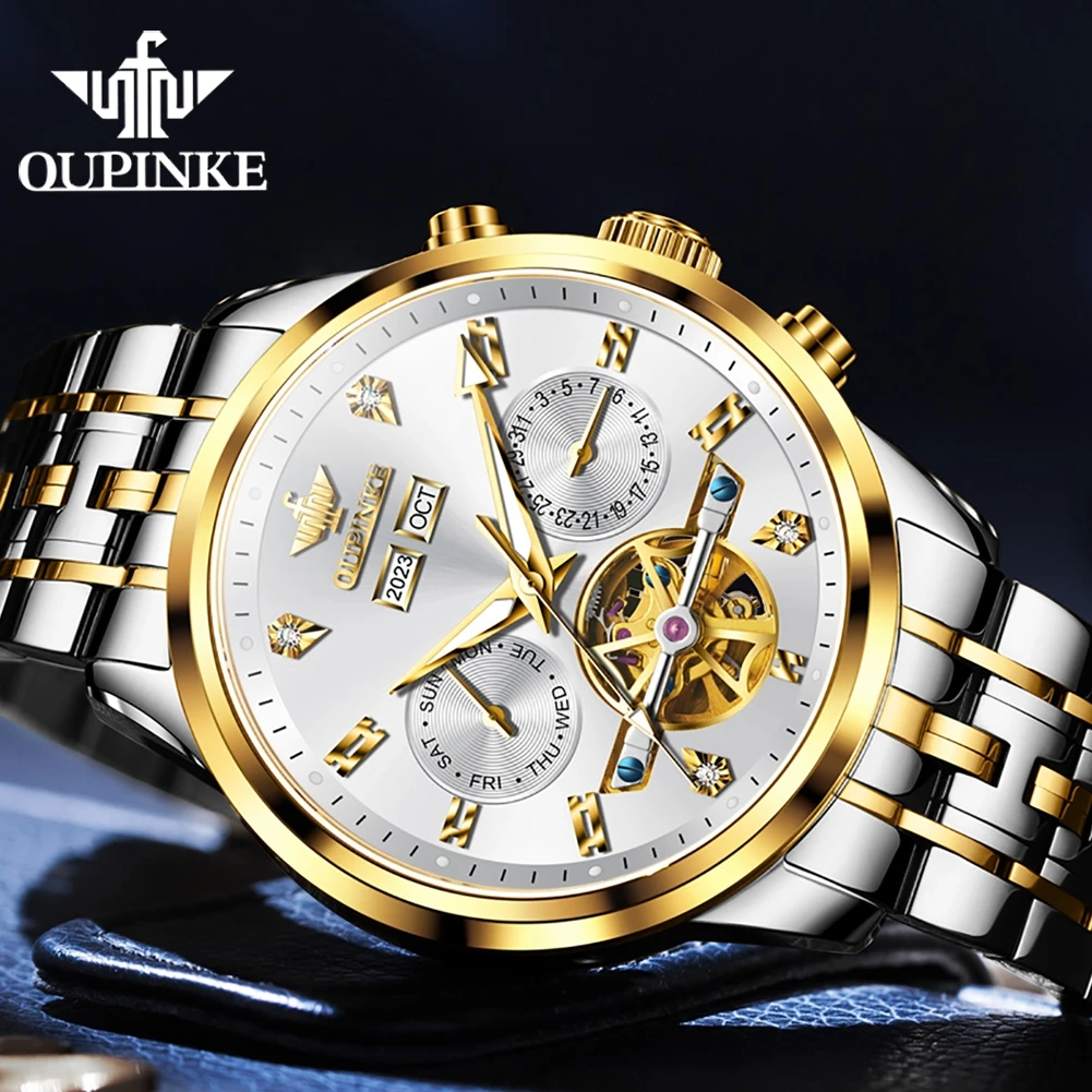 OUPINKE 3248 relojes originales de marca para hombre, reloj mecánico automático con cronógrafo luminoso resistente al agua de acero inoxidable para hombre