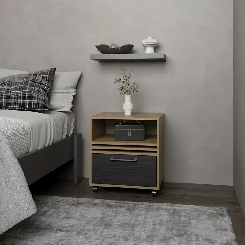 Light Oak/Black Nightstand for Bedroom, Modern Design, Storage Solution, Minimalist Style
