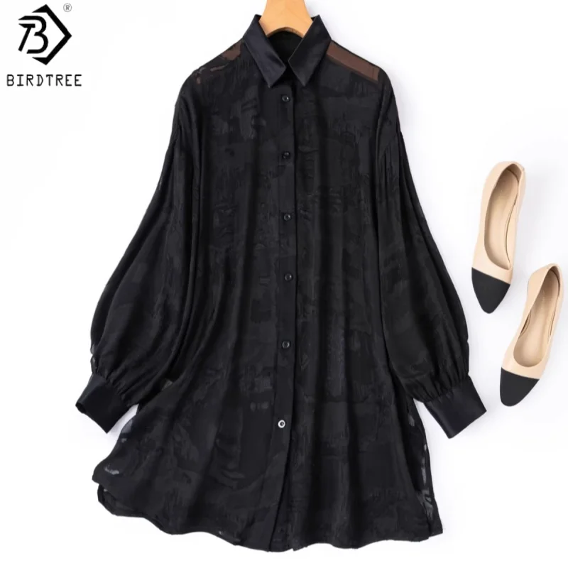 

Birdtree, 100% Silk Sheer Blouse, Lapel Lantern Sleeve Top, Women Cut Jacquard Voile Sun Protection Cardigan, 2026 New T63025JF