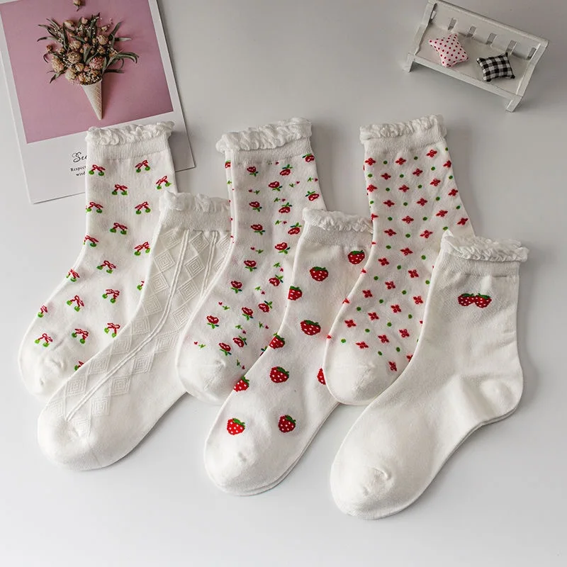 White Bubble Mouth Socks Ladies Lolita Lace Cute Strawberry Stockings Student Sports Casual Breathable Cotton Socks