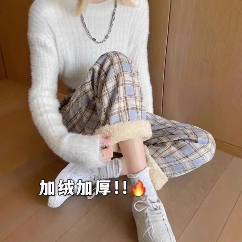 2026 Women Autumn Winter New Checkered Wide Leg Pants Thick Velvet for Students High Waist Straight Leg Casual Warm Home Pants