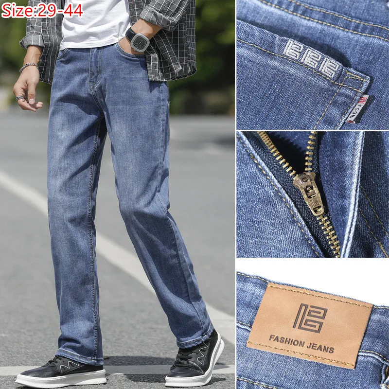 Große Größe 44 Herbst dicke Männer Jeans hose lose gestreckte elastische lässige hellblaue Mode gerade übergroße 40 plus 42 Hose