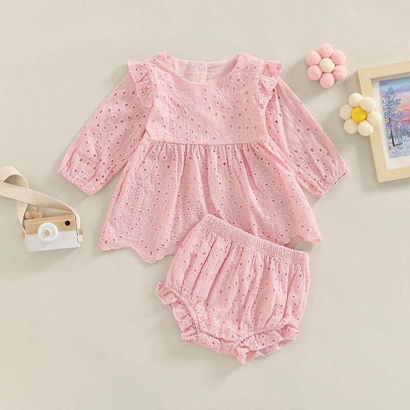 Toddler Baby Girl Clothes Set Solid Color Cutout Round Neck Long Sleeve Dress Tops+Elastic Casual Ruffle Shorts Sunsuits Outfits