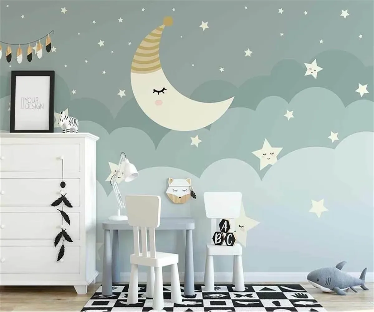 Custom 3d wallpaper Nordic hand-painted starry sky moon clouds starry children's room background wall 3d wallpaper