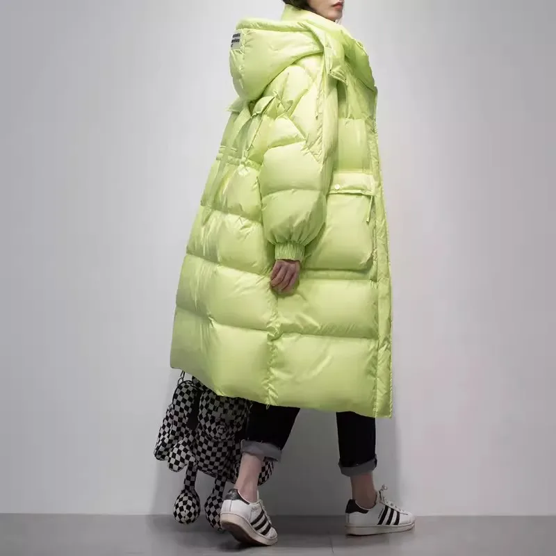 Fluorescent green Down Jacket Women\'s 2023 Winter New Korean version Hooded White duck Coat Female Fashion Casual Long Overcoat