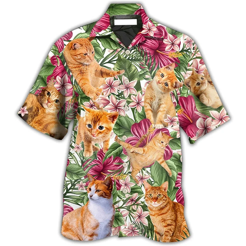 Cute Cat Graphic Hawaiian Shirt For Men 3D Printed Animal Shirts Summer Street Short Sleeves Tops Cool Lapel Button Blouse