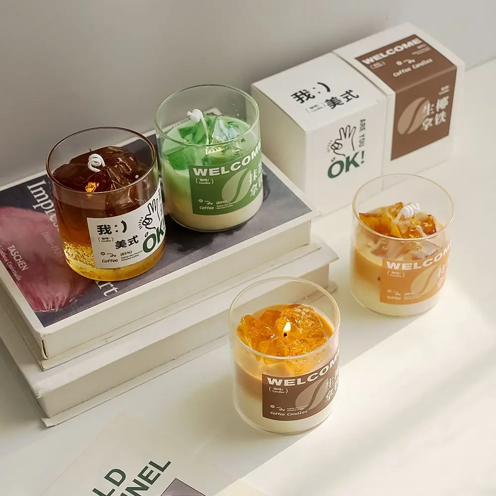 شمعة معطرة على شكل كوب قهوة مصنوعة يدويًا من شمع الصويا مع تصميم مكعبات الثلج لديكور المنزل هدية مريحة للعلاج العطري لمحبي القهوة
