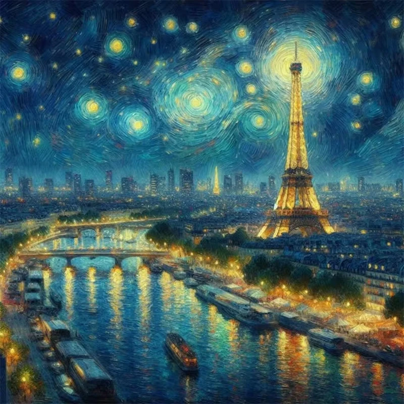 Pintura de Diamantes 5D DIY Noche Estrellada Torre Eiffel París, Decoración de Pared Estilo Van Gogh Paisaje Urbano Río para Dormitorio y Regalo