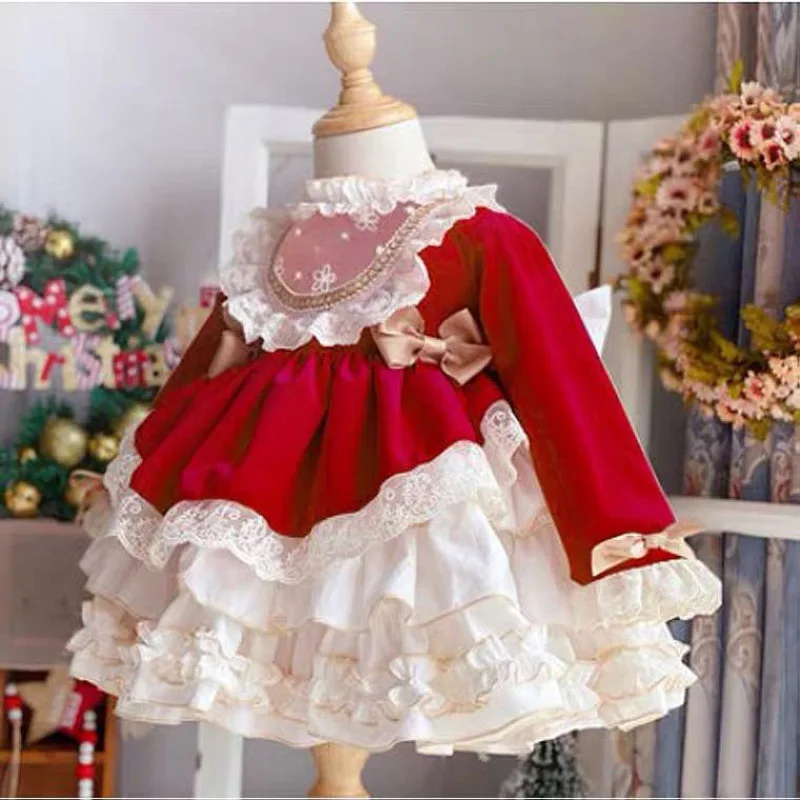 Girls\' Lolita Princess Dress Children\'s Long sleeved Poached Cake Dress Pink Bowtie Escape Princess Dress Birthday Dress