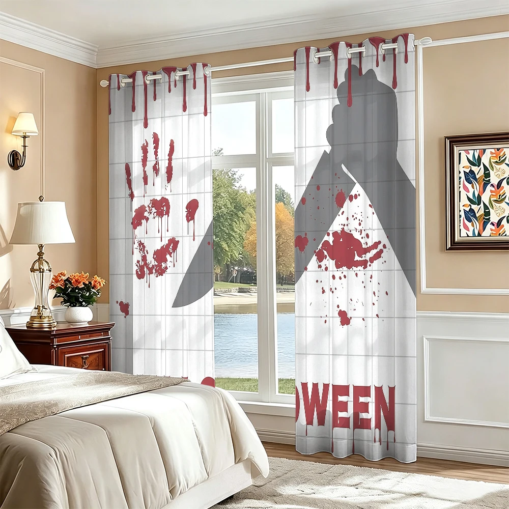 2Pcs Perforated Blackout Curtain Light Block Privacy Drape Living Bedroom Halloween Bloody Palm Knife Horror Window Decor