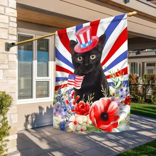 Black Cat Flowers Happy 4th Of July Garden Flag, Freedom Day Flag VVL YYX EEZ