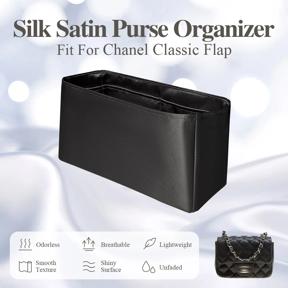 Silk Satin Purse Organizer Insert Fit for Chanel Classic Flap Handbag Black Inside Bag Insert Slim Inner Storage Bag In Bag