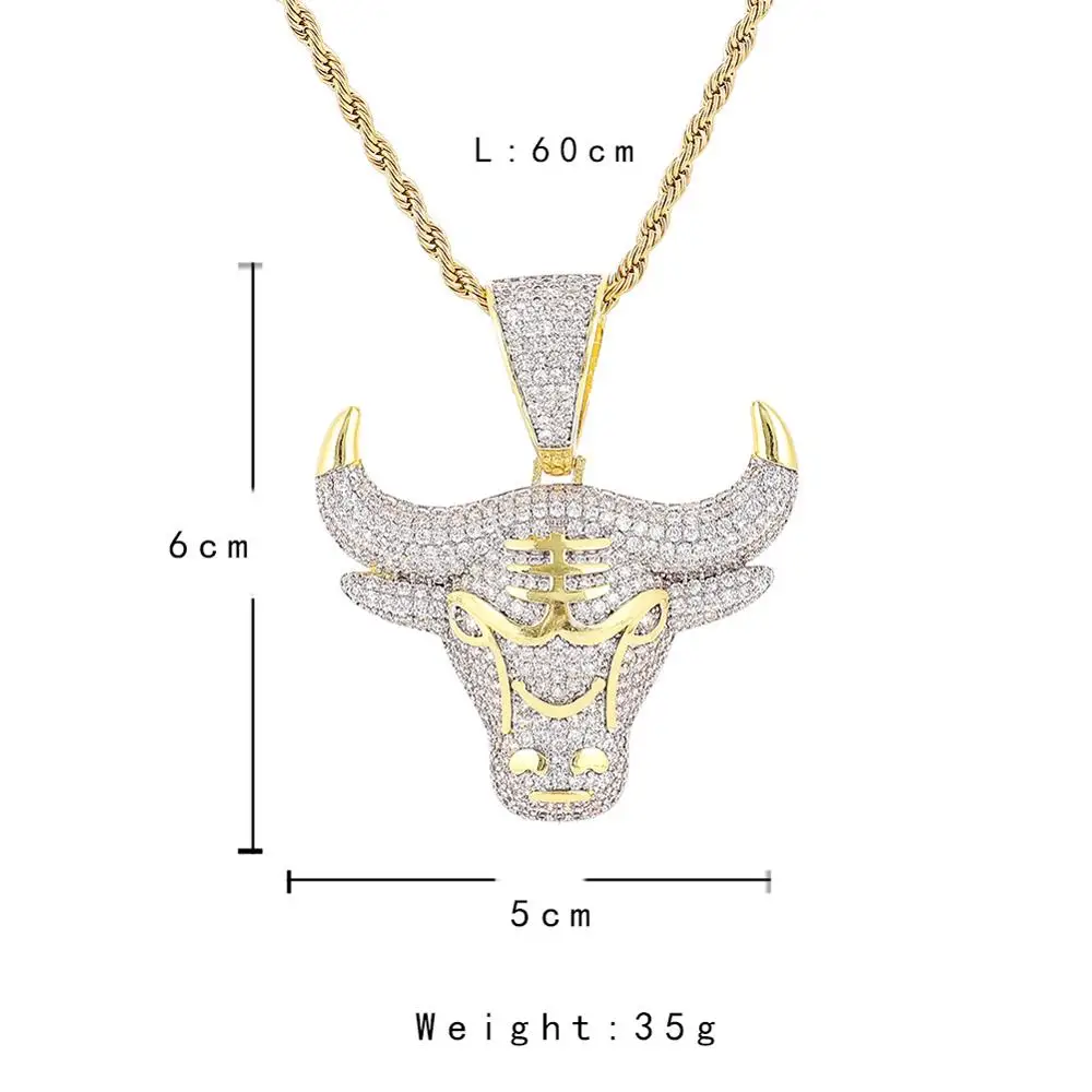 Hip Hop Micro Paved AAA+ Cubic Zirconia Iced Out Bling Bull Head Pendants Necklace for Men Rapper Jewelry Gold Silver Color