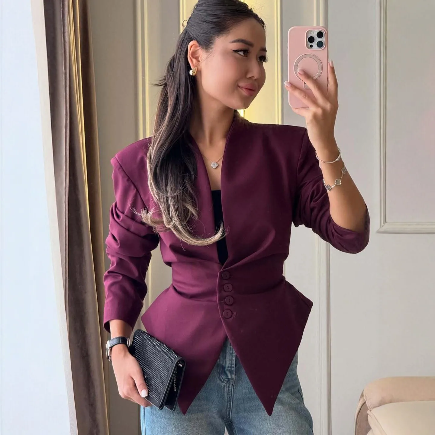 

Lady 2026 New Formal Slim Commute Outerwears Chic Pleated Waist Cinched Women Jacket V Neck Single Breasted Lace Up Blazer Coat