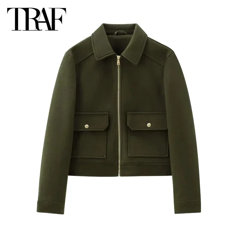 TRAF Women\'s Outerwear White Khaki Green Coat 2024 Autumn Winter Elegant Long Sleeve Wool&Blend Jacket Lady Fashion Casual Coat