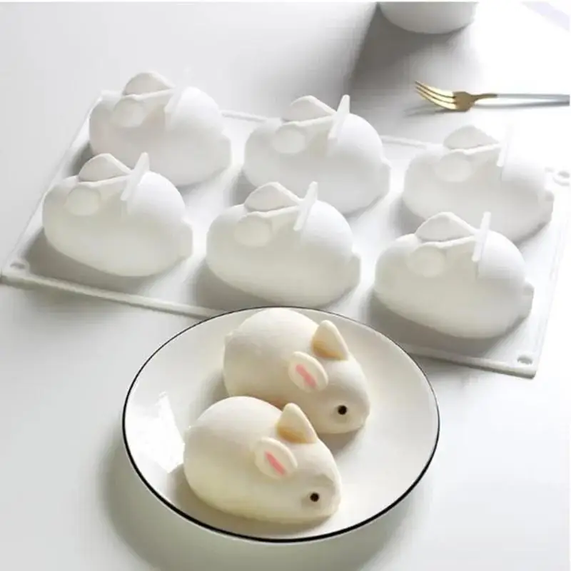6-Grid Cute Creative White Rabbit Mold Pudding Chocolate Candy Mold Baking Decoration Candle Soap Silicone Mold Wholesale