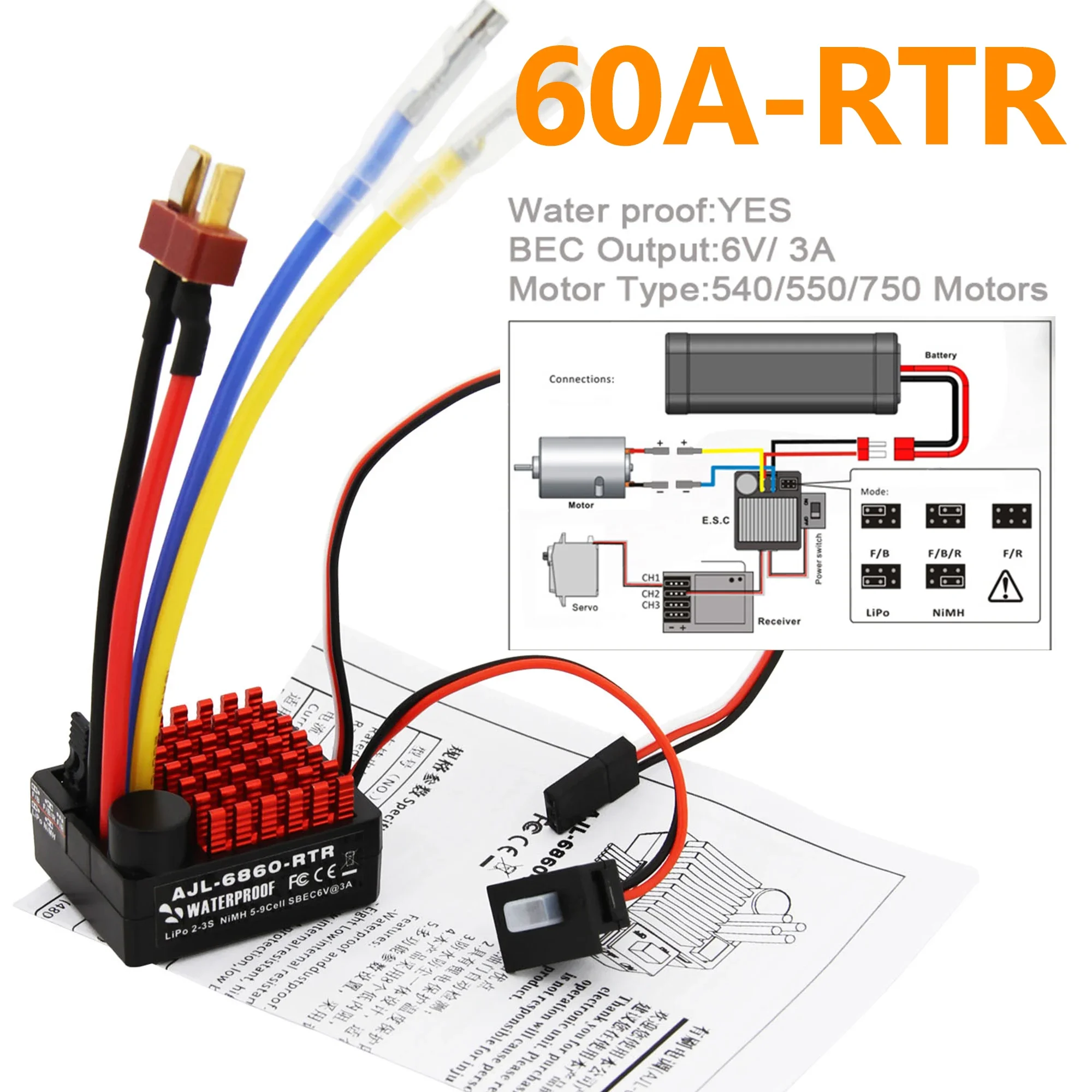 NEEBRC Waterproof 60A Brushed ESC 6V/3A BEC Built-in 3 Modes AJL-6860-RTR 2-3S for RC Car 540/550/750 Motors Boat Tank Model