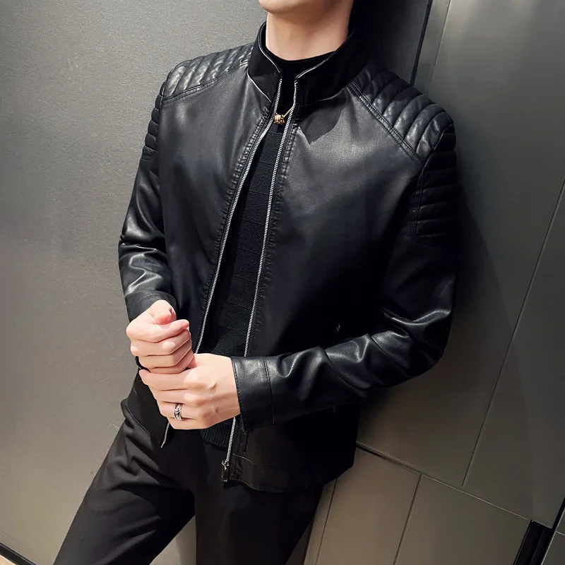 

Male Stand Collar Motorcycle Leather Jacket Trendy Mens Clothing Black Blue Coat Men Autumn PU Leahter Jacket Casual Windbreaker