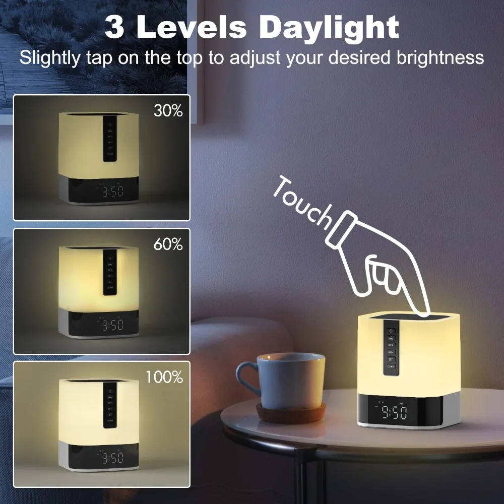 Night Light Bluetooth Speaker Alarm Clock, Touch Bedside Lamp for Bedroom, Dimmable Warm Light, 48 RGB Color Changing