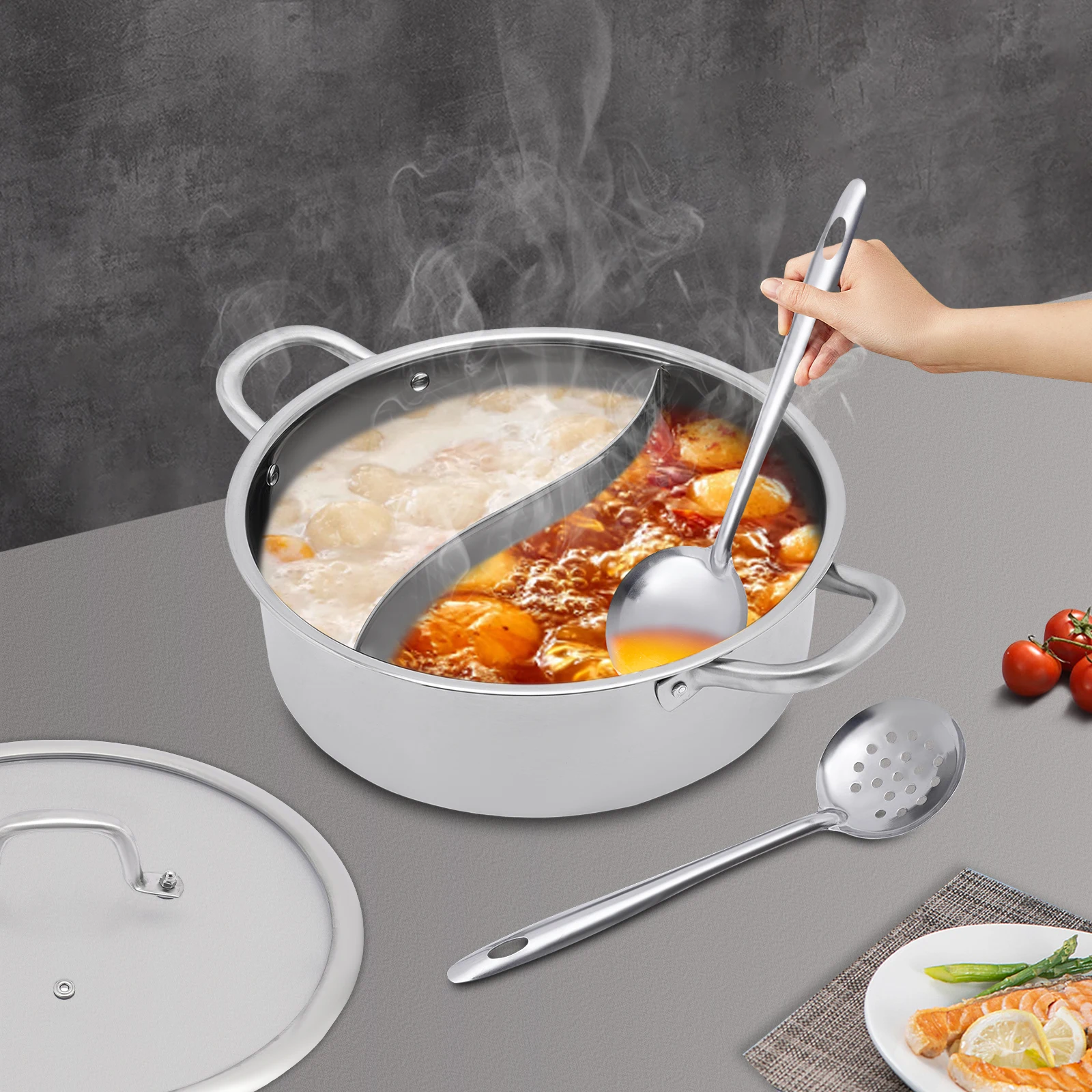 

32cm Stainless Steel Hot Pot with Divider, Dual-Sided Cooking Pot, 304 Stainless Steel Pot with Glass Lid, Soup Spoon & Strainer