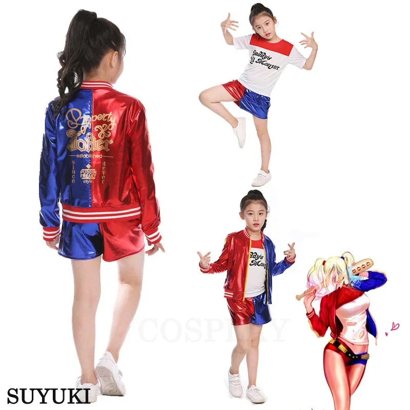 Costumes Jacket  Harley Cosplay Suicide Quinn Kids Girls Squad T Shirt Joker Halloween Costume Printed Jacket Shirt Pants