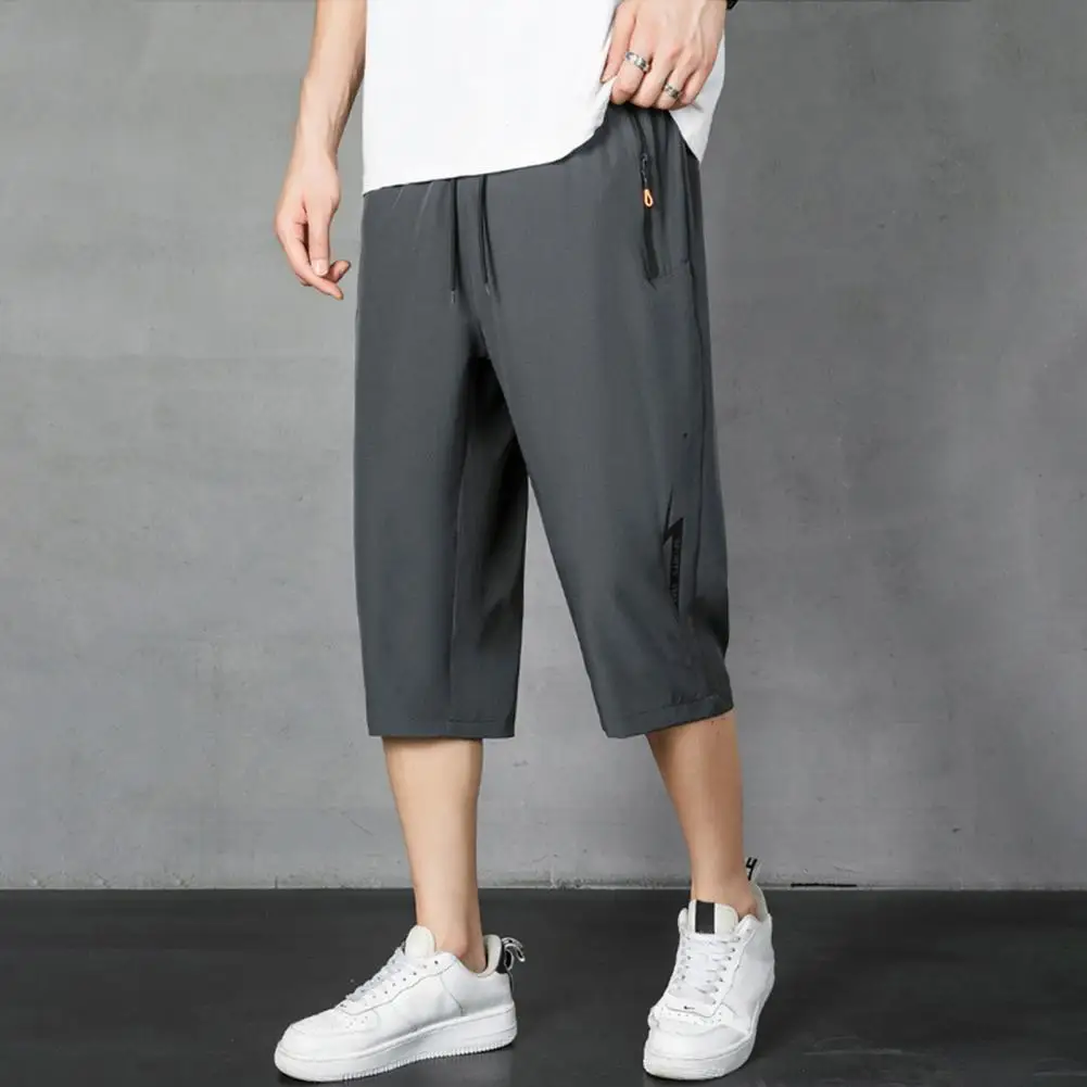 Men\'s Shorts Summer 3/4 Length Trousers Drawstring Pockets Cropped Pants Solid Color Men Ice Silk Loose Beach Shorts Size L-6XL