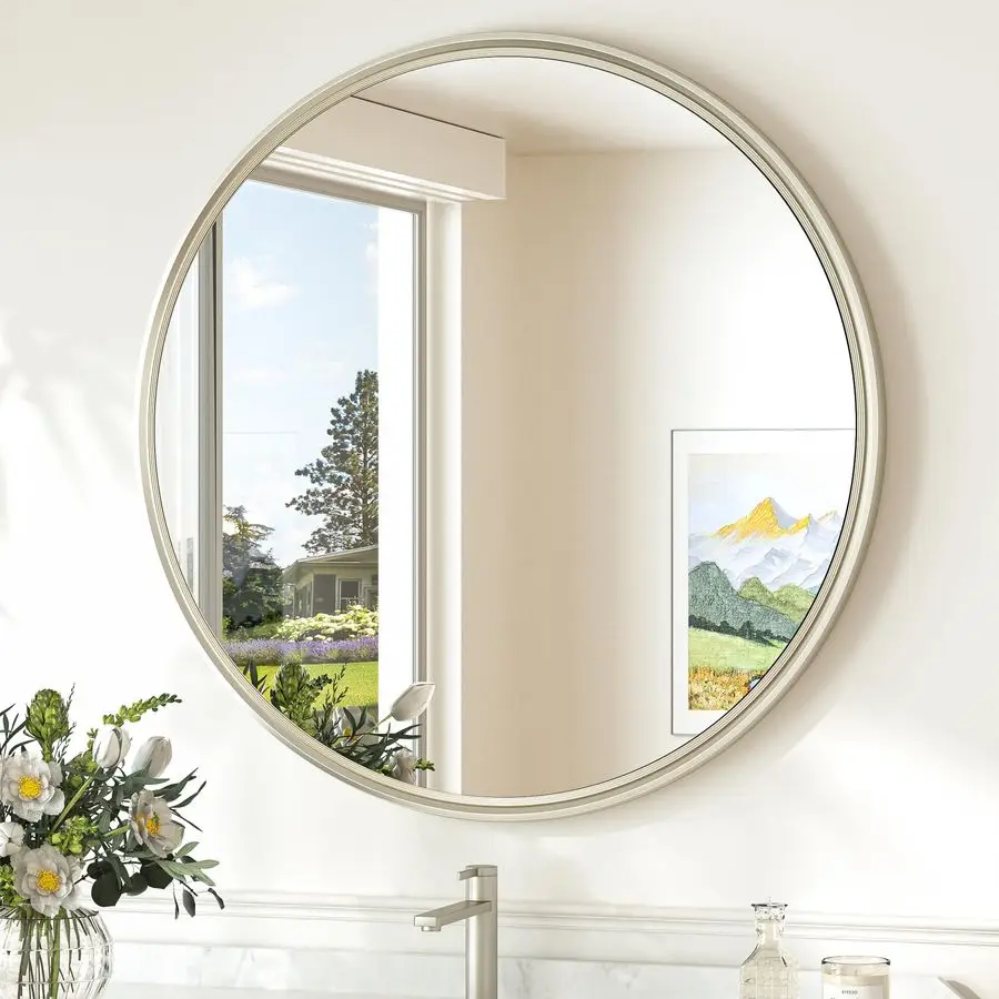 

24 Inch Circle Bathroom Mirror Brushed Nickel, Tempered Round Wall Mirror, Shatterproof 24x24 Hanging Wall Mirrored Farmhouse fo