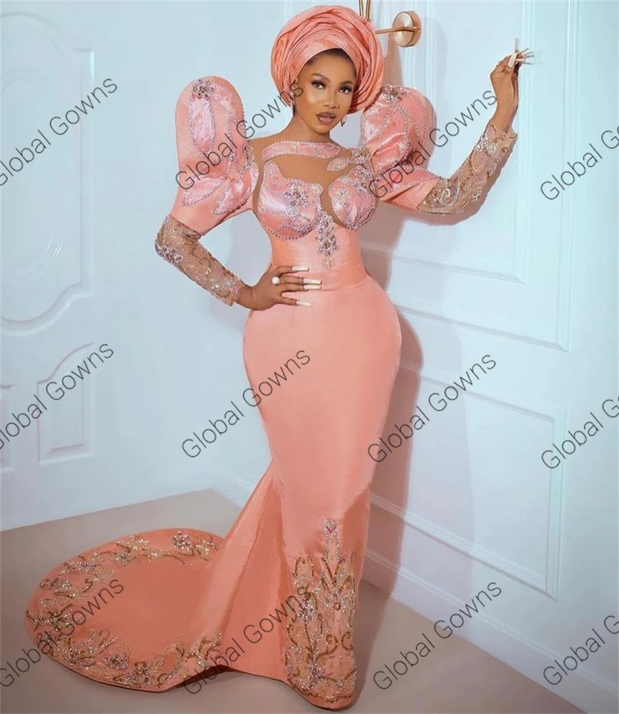 Aso Ebi African Pink O Neck Evening Dresses For Black Girls 2024 Lantern Sleeve Birthday Party Gown Beaded Appliques Customized