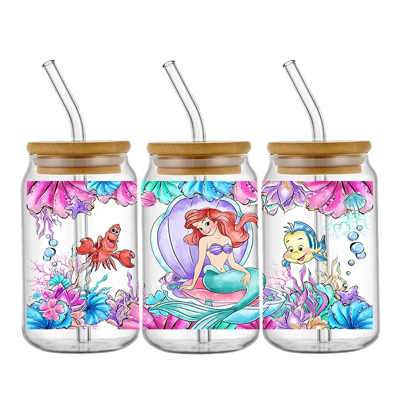 Ariel Mermaid Princess 16oz UV DTF Cup Wrap Cartoon Libbey Glass Can Tumbler Transfer Stickers Waterproof Permanent Adhesive