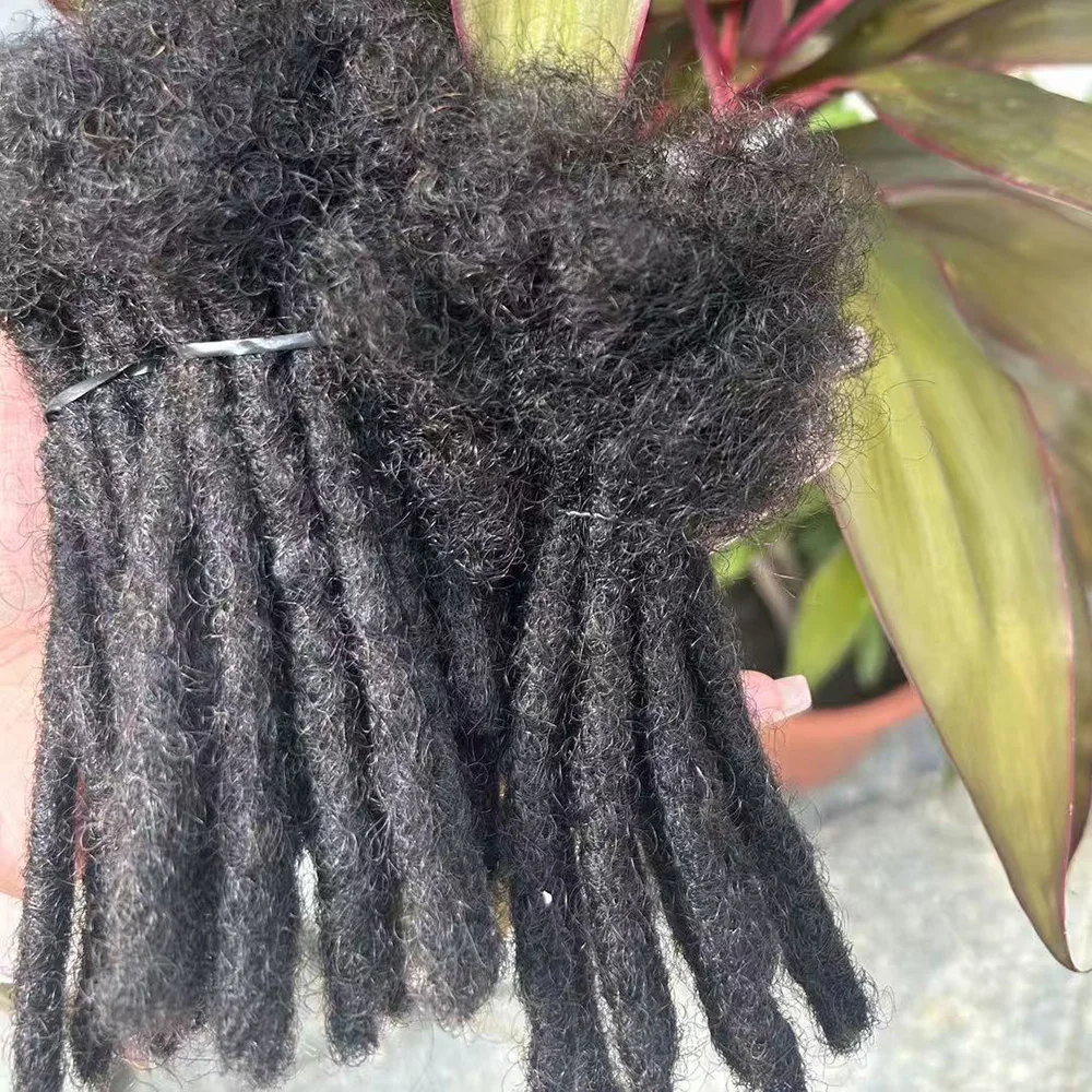 100%人毛ドレッドヘアエクステ、完全手作り、卸売、幅0.6cm、ナチュラルブラック、女性男性用エクステ