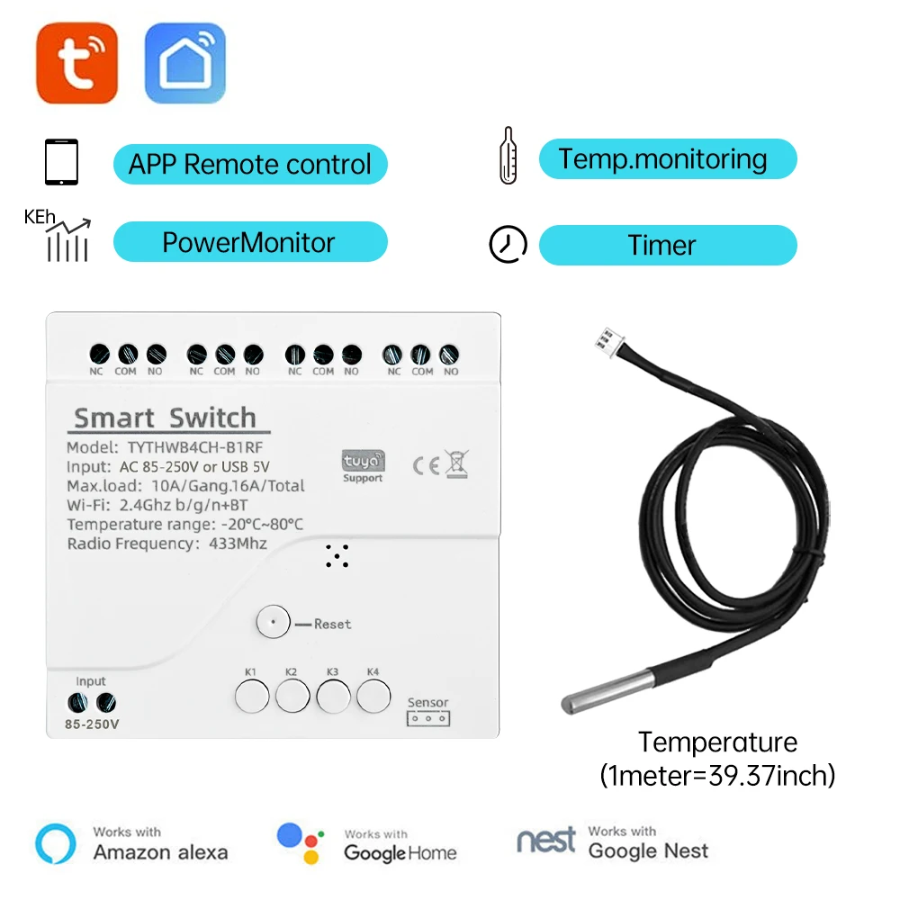 Tuya Smart Temperature Switch 16A 3000W with Energy Consumption Monitoring RF433 Intelligent Thermostat Compatible with Alexa