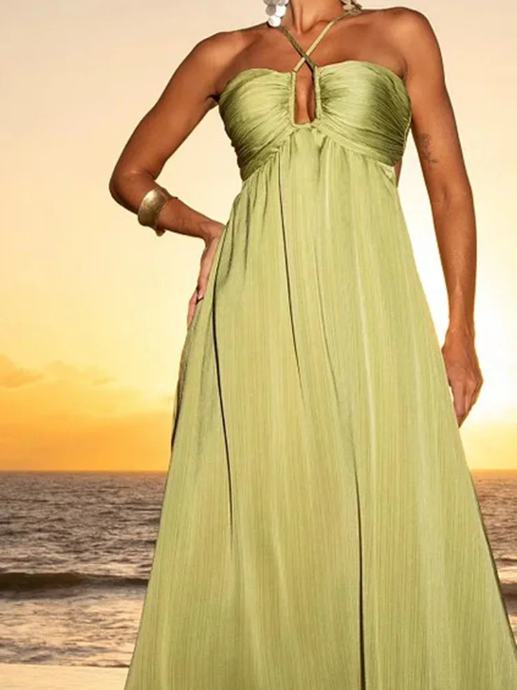 Summer Sexy Slim Pure Color Pleat Evening Dress Elegant Hollow Out Tie Up Dress Fashion Sleeveless Backless Tube Top Party Dress