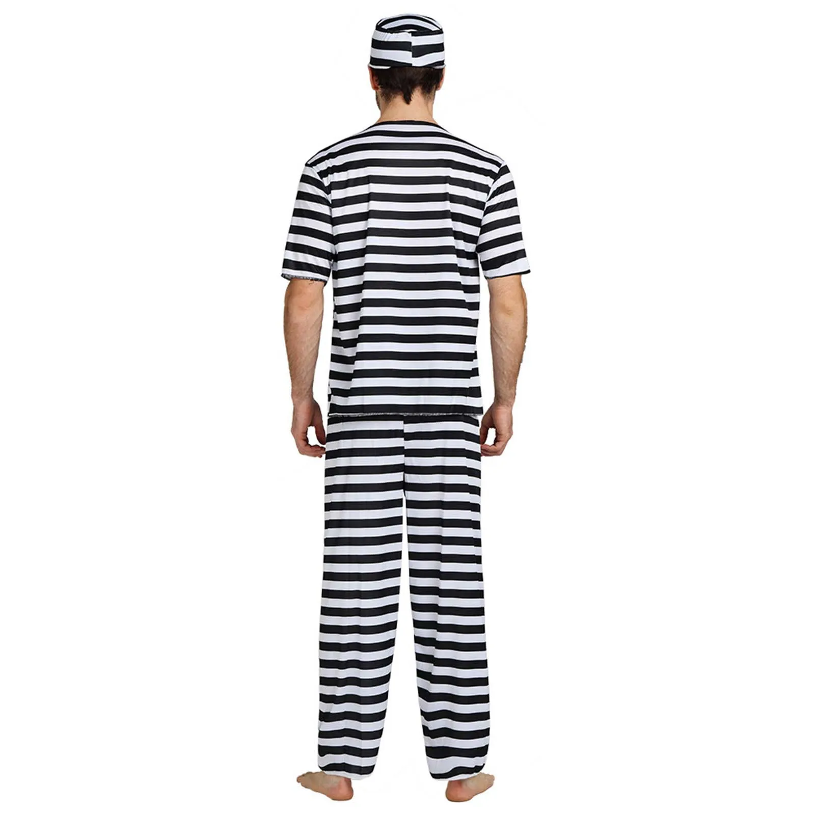 Halloween Black White Stripe Men Halloween Prisoner Uniform Costumes Criminal Prison Clothes Cosplay Carnival Purim Role Play